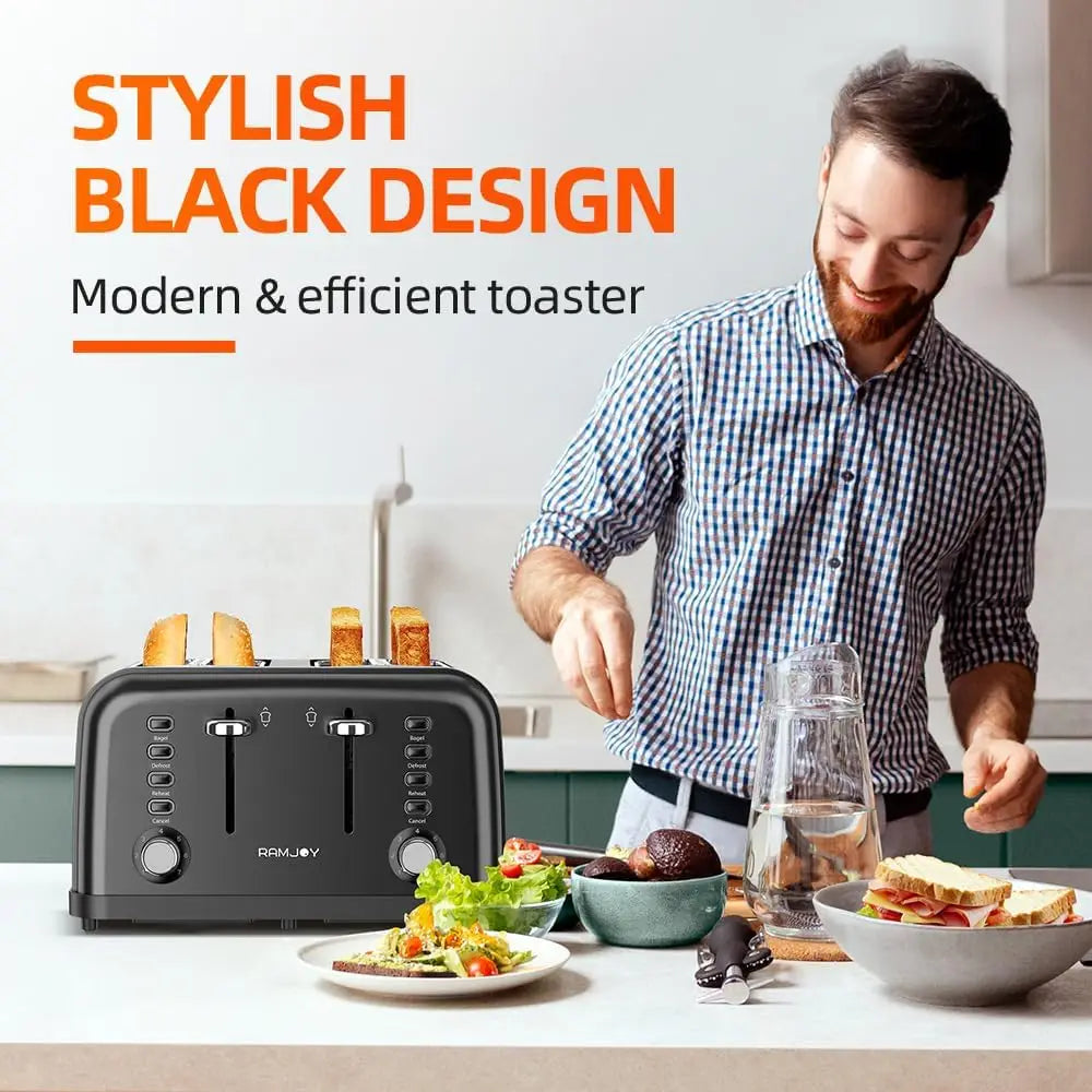 Black 4-Slice Toaster Extra Wide Slot Bagel Bread Waffles 7 Shade Settings Dual Independent Controls Kitchen Cooking Appliance
