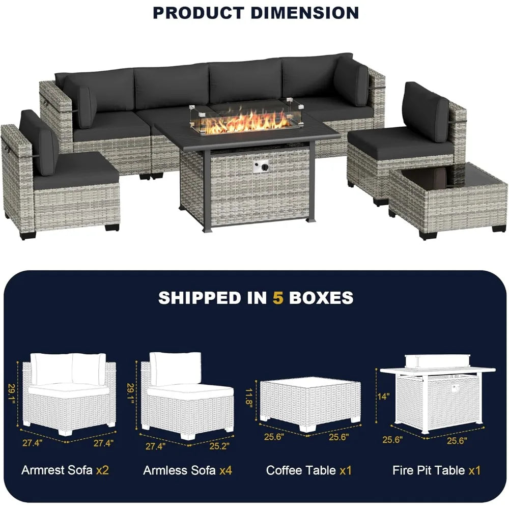 8-Piece Outdoor Patio Furniture Set with 55,000 BTU Fire Pit Table, PE Wicker Rattan Sectional Sofa Conversation Set