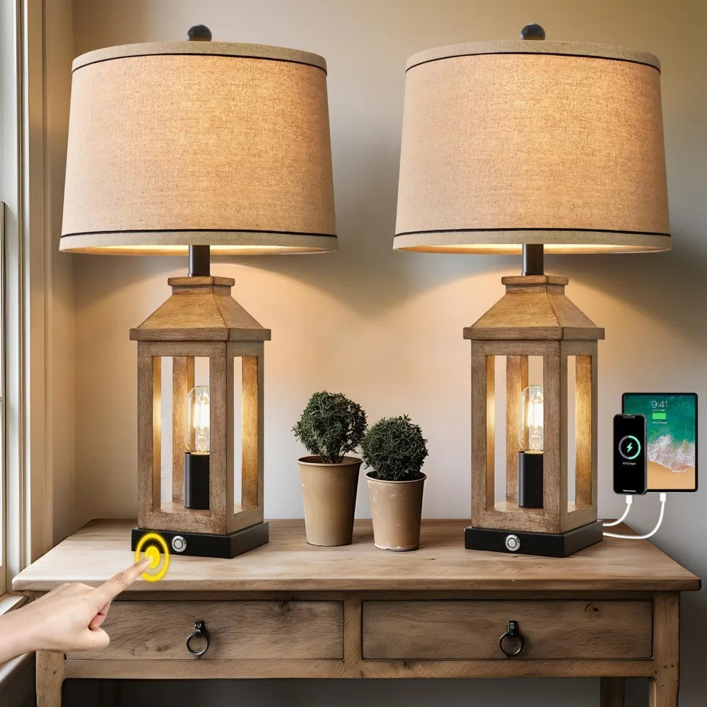 23.75" Farmhouse Dual USB Charging Ports 3-Way Dimmable Touch Control Table Lamp with Nightlight Vintage Modern Lamps for Living