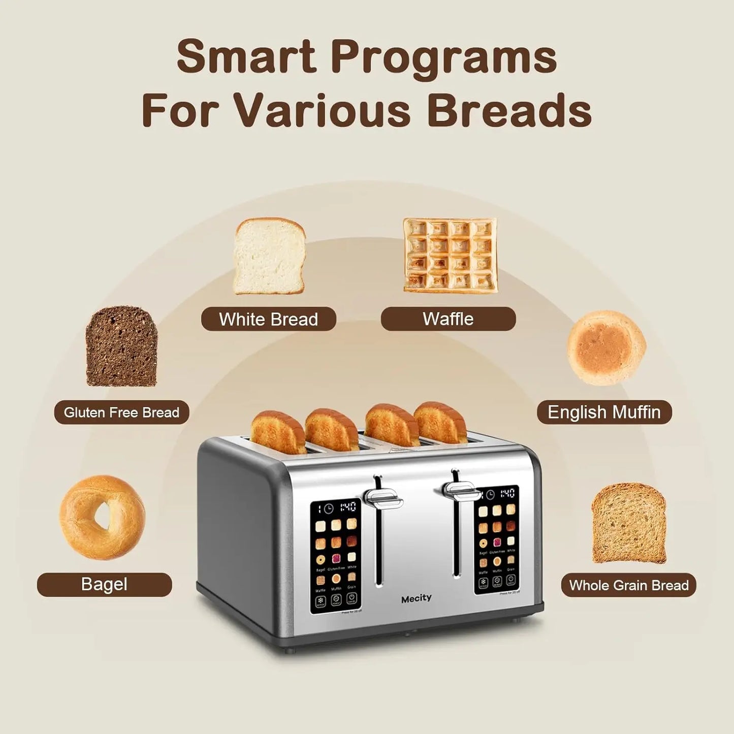 Smart Stainless Steel 4-Slice Toaster Digital Control Panel Bagels Muffins Waffles Bread Making Kitchen Appliance