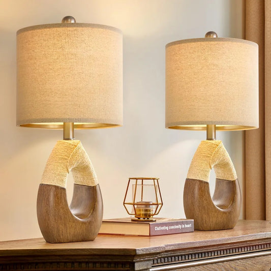 OYEARS Boho Table Lamps Bedroom Living Room Set 2,Suitable for Small Space,Farmhouse RattanTable Lamp 19”Rustic Egg Design Resin