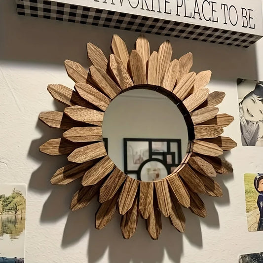 Wooden Wall-mounted Mirror Sunflower Make-up Mirror Creative Round Mirror Bohemian Style Bedroom Decorative Mirror