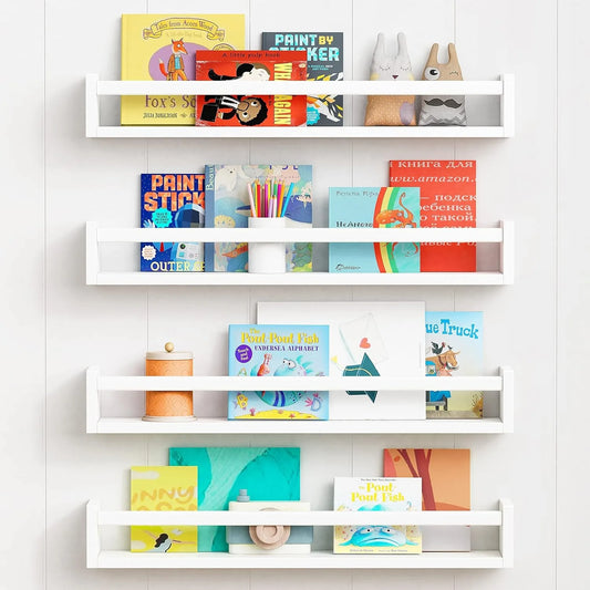 24 Inch Wall Bookshelf for Kids Bedroom Set of 4, White Floating Nursery Book Shelves for Baby Toddler Children Girls Boys Room