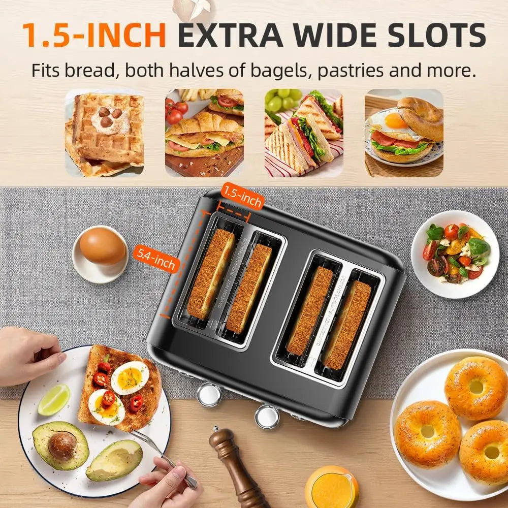 Black 4-Slice Toaster Extra Wide Slot Bagel Bread Waffles 7 Shade Settings Dual Independent Controls Kitchen Cooking Appliance