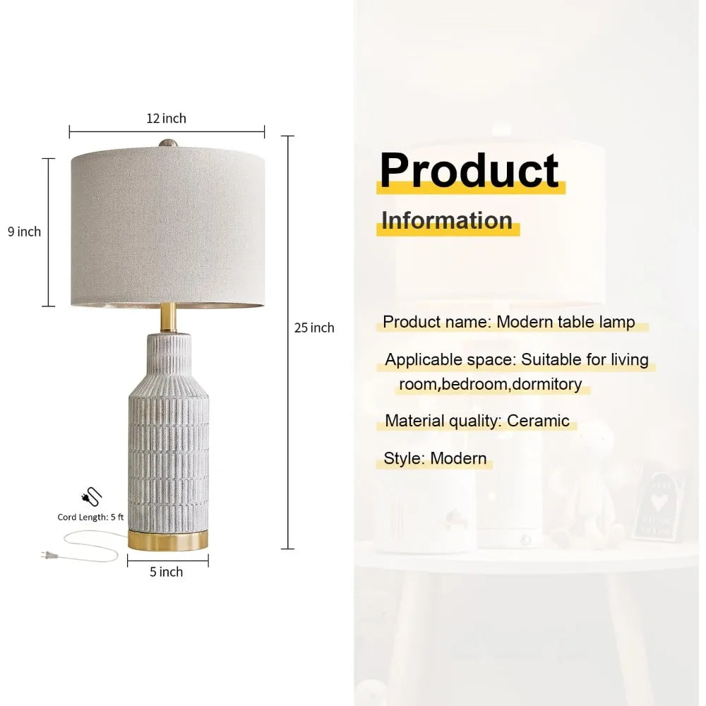 25" Table Lamps Set of 2 - Modern Bedside Lamps for Living Room - White Washed Ceramic Nightstand Lamps for Bedroom