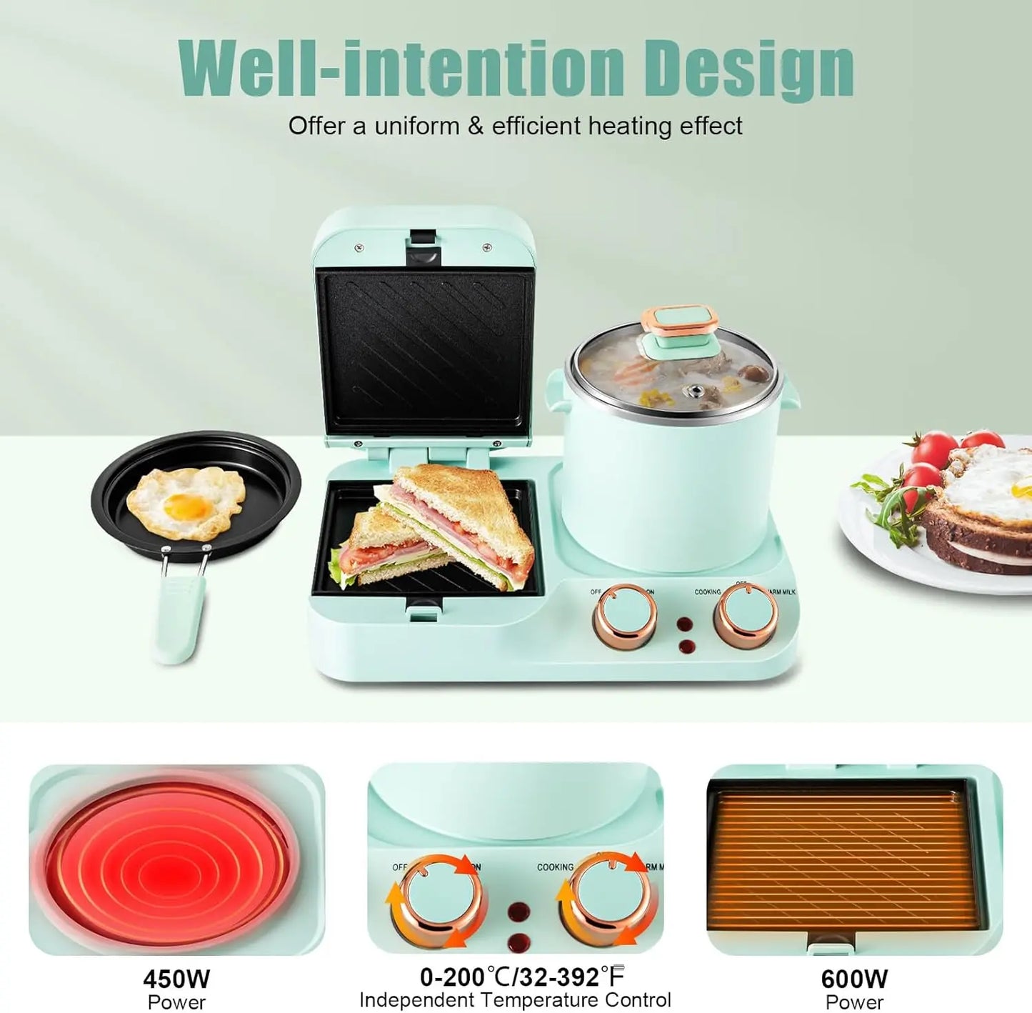 Electric 3in1 Breakfast Station 110V Mini Toaster Bread Multifunctional Kitchen Appliance with Frying Pan for Making Noodles