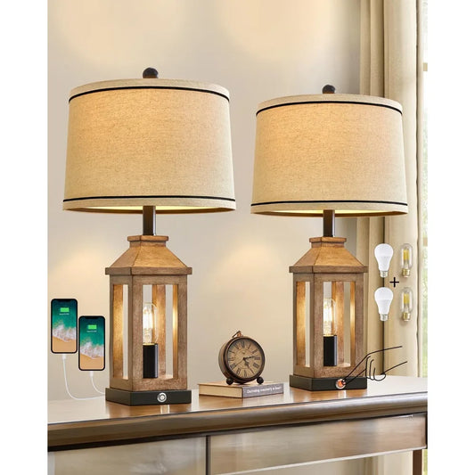 23.75" Farmhouse Dual USB Charging Ports 3-Way Dimmable Touch Control Table Lamp with Nightlight Vintage Modern Lamps for Living