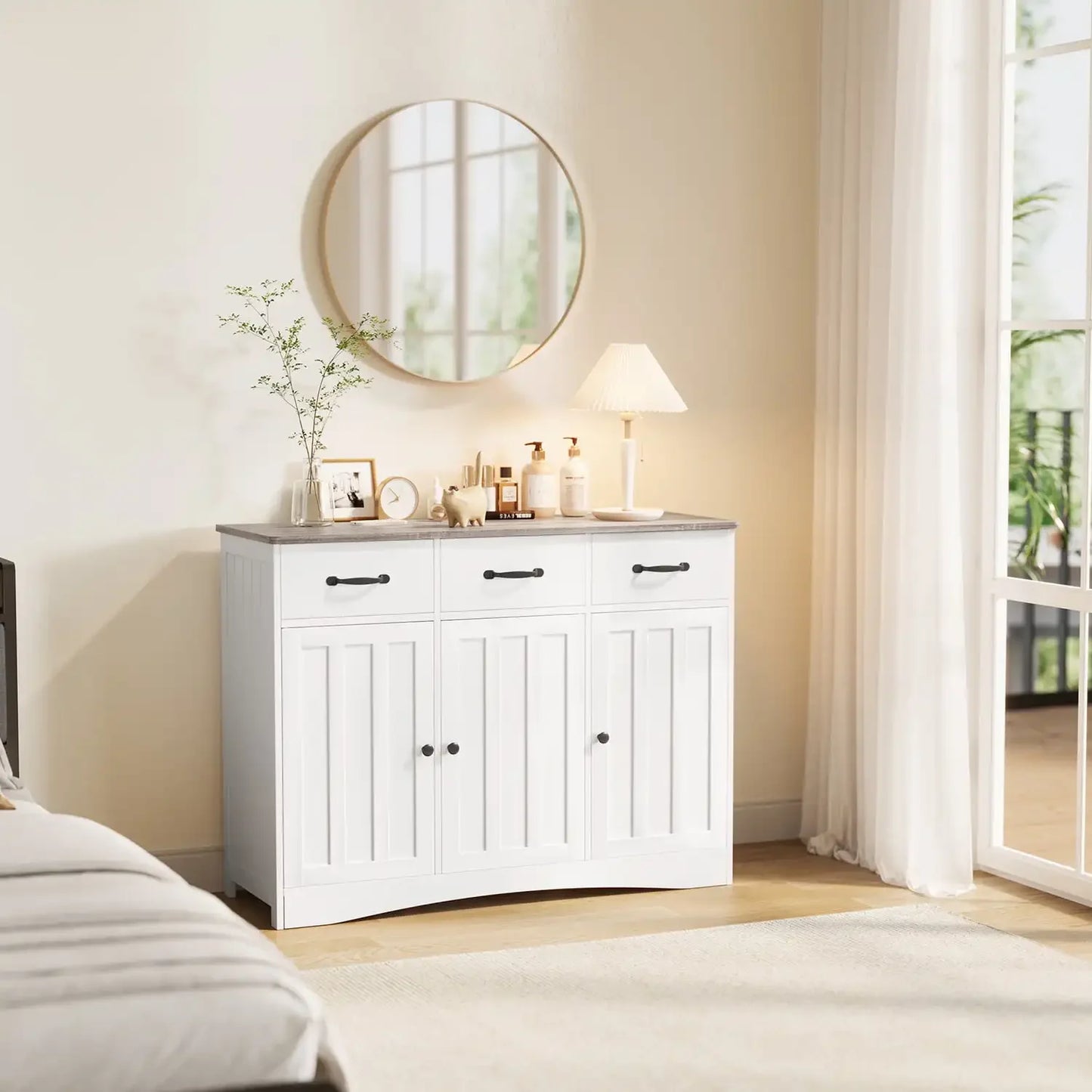 42" Kitchen Storage Cabinet, Wood Buffet Sideboard with 3 Doors & 3 Drawers, Gray Countertop