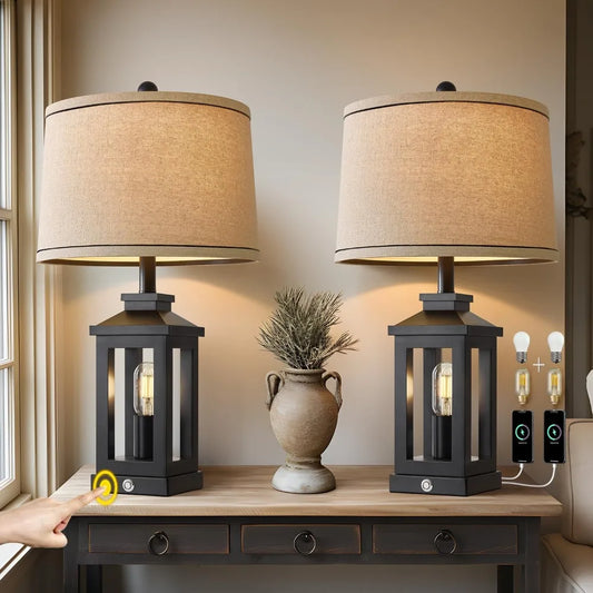 23.75" Retro Farmhouse Black Table Lamp for Living Room Bedroom Nightstand Set of 2 Touch Control Bedside Nightlight Vintage Mod