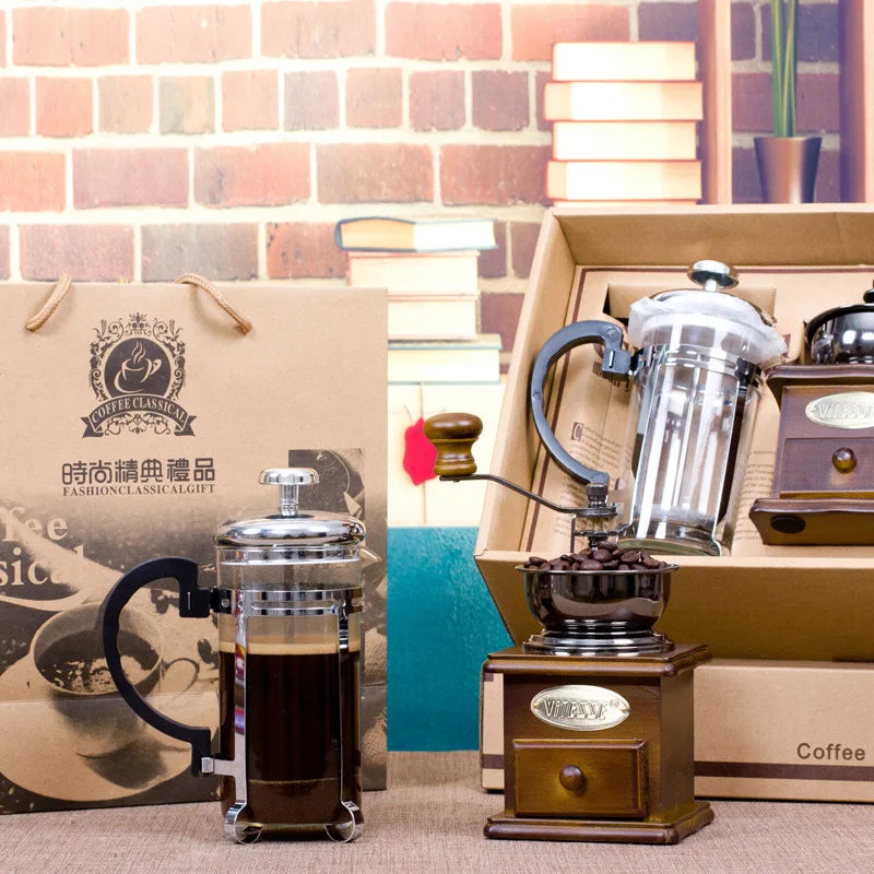 Retro Bean Grinding Machine French Press Set Hand-cranked Coffee Grinder Household Coffee Pot Gift Box