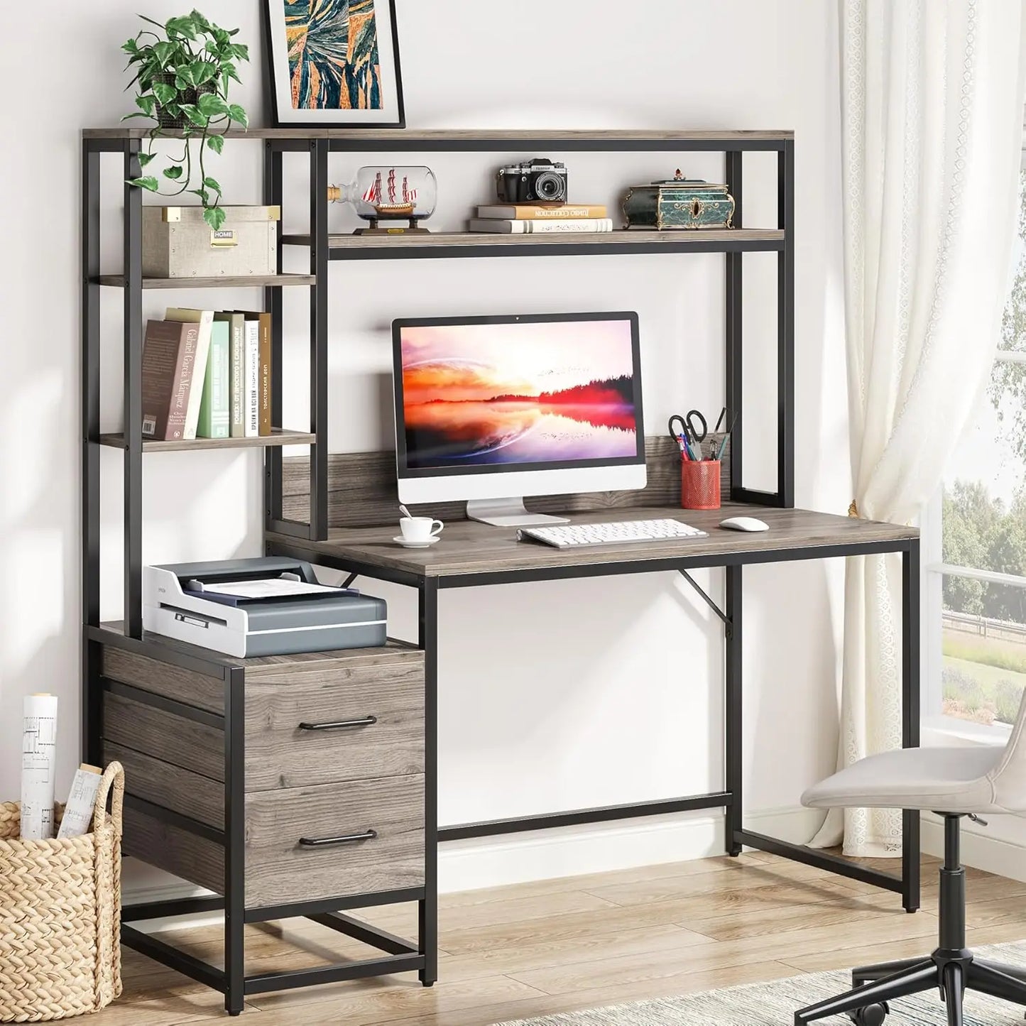 55 Inch Computer Desk with 2 Drawers and Storage Shelves, Modern Study Writing Gaming Table Laptop Workstation for Home Office