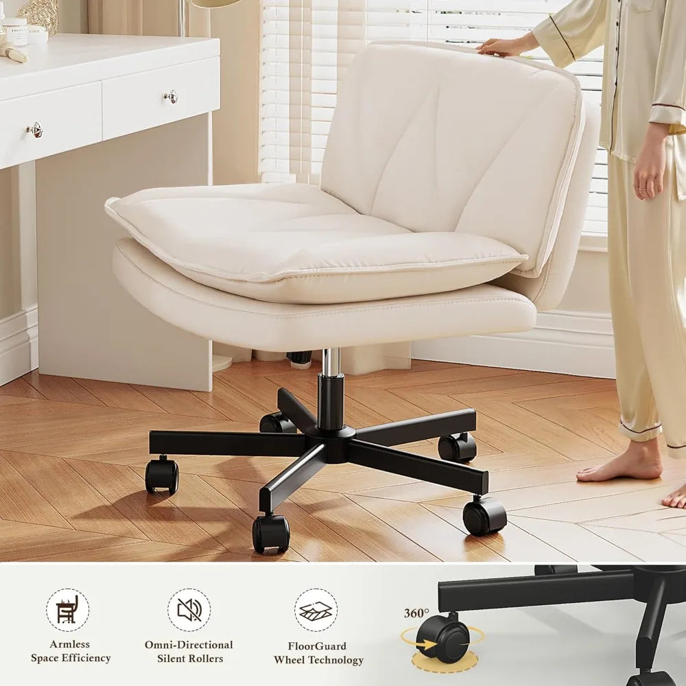 Armless 27" Wide Criss Cross Chair with Wheels,Leather Cross Legged Vanity Chairs with 2-Layer Cushion,Swivel Modern Home Office