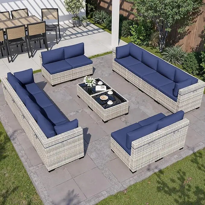 8-Piece Outdoor Patio Furniture Set with 55,000 BTU Fire Pit Table, PE Wicker Rattan Sectional Sofa Conversation Set