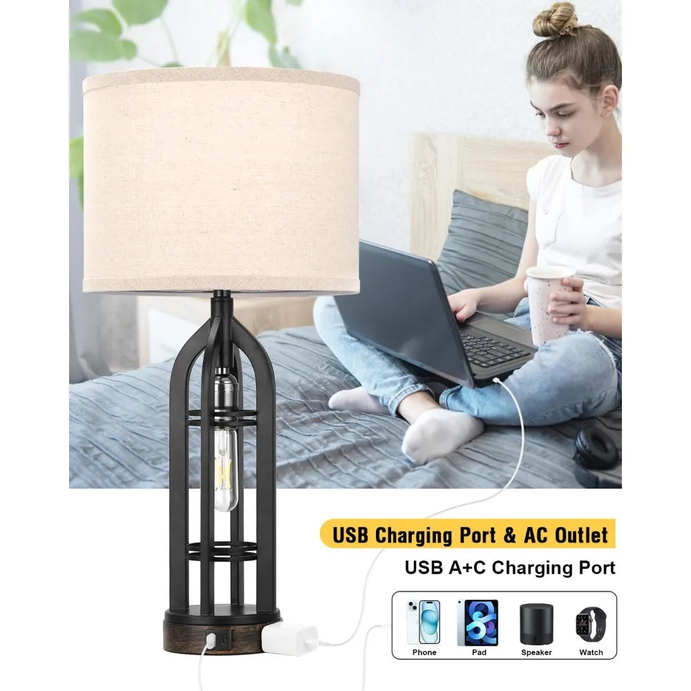 Seealle Table Lamps for Living Room Set of 2 - Black Bedside Lamp for Bedroom with USB C+A & Outlet, Farmhouse Lamps for Night S