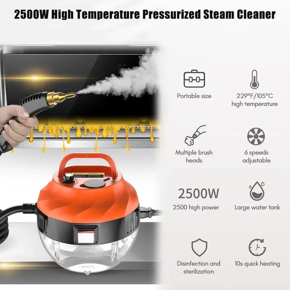 Handheld Steam Cleaner 2500W High Pressure Portable Electric Steamer Home Car Kitchen Cleaner with 3 Brush Heads 1L Tank