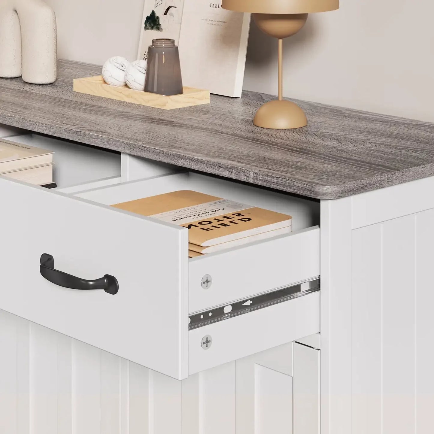 42" Kitchen Storage Cabinet, Wood Buffet Sideboard with 3 Doors & 3 Drawers, Gray Countertop