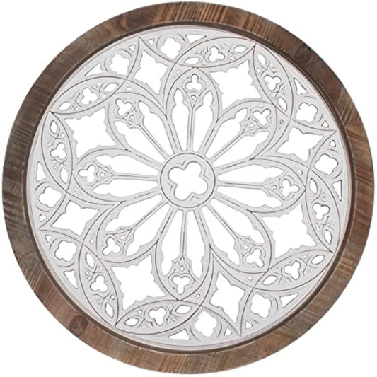 Funly mee Vintage Round Wall Decor with Frame,Wood Grille Wall Sculptures 23.6 in