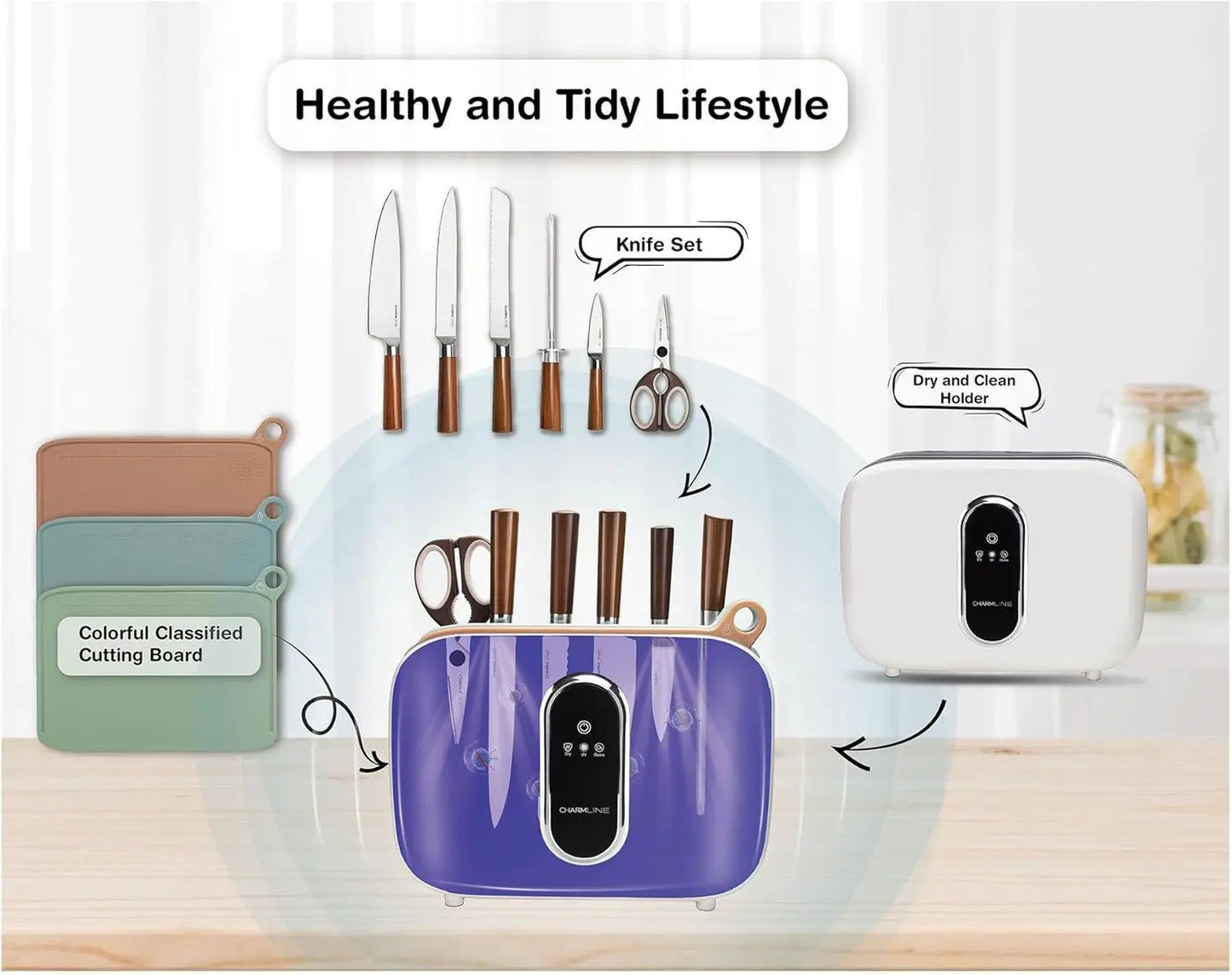Smart Cutting Board and Knife Set with Holder, Double Cleaning and Drying Function, Space Saving Smart Home Gadgets