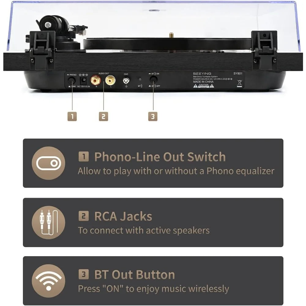 Bluetooth Vinyl Turntable Built-in Preamp Phono/Line Switch Adj Counterweight Anti-Skate Var Pitch Ctrl Mag Cartridge 2-Spd