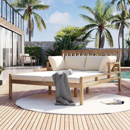 Outdoor Daybed Patio Daybed with Four Pillows Wooden Outdoor Bed with Curved Armrests for Poolside Backyard Garden (Gray+Beige C
