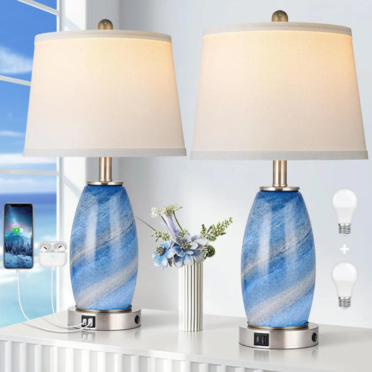 Blue Lamps Set of 2 for Bedroom & Bedside with 3-Way Lighting Modes & USB C+A - Modern Style Glass Nightstand Table Lamps for Li