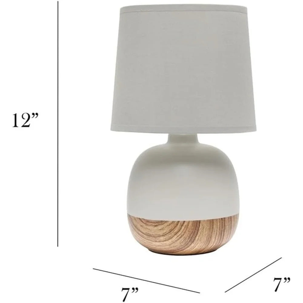 Petite Mid Century Table Lamp Wood Print Base Gray Fabric Shade E12 Bulb Compatible 5ft Plug Cord Home Decor Lighting