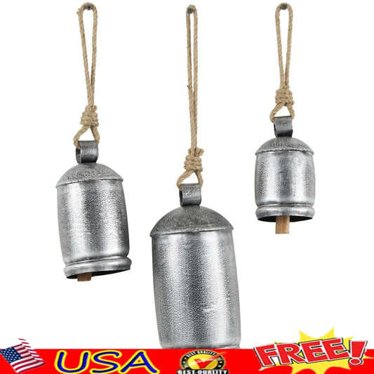 Gray Metal Tibetan Inspired Decorative Cow Bell Chime Set of 3 Indoor Outdoor Rustic Hanging Bells Home Meditation Decor