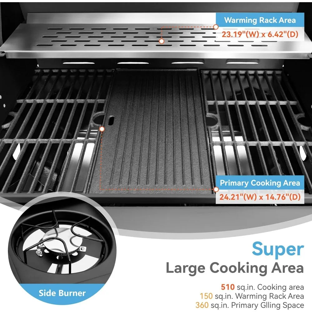 2 in 1 Propane Gas BBQ Grill with Side Burner & Porcelain-Enameled Cast Iron Grate, 4-Burner Flat Top Grill, 46,700 BTU