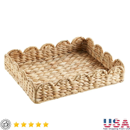 Natural Water Hyacinth Decorative Tray Scalloped Woven Centerpiece Table Accent Versatile Display 11x14 Inch Home Organization
