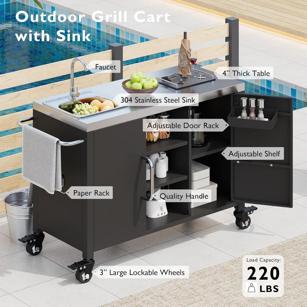 Kitchen Island with Sink, Metal Grill Cart Table with 304 Stainless Steel Sink, 55.5 Inch Outdoor Bar Cart Station with 4 Lockab