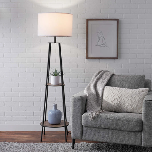 Etagere 62" Matte Black Mid-Century Style Floor Lamp, with 2 Wood Shelves