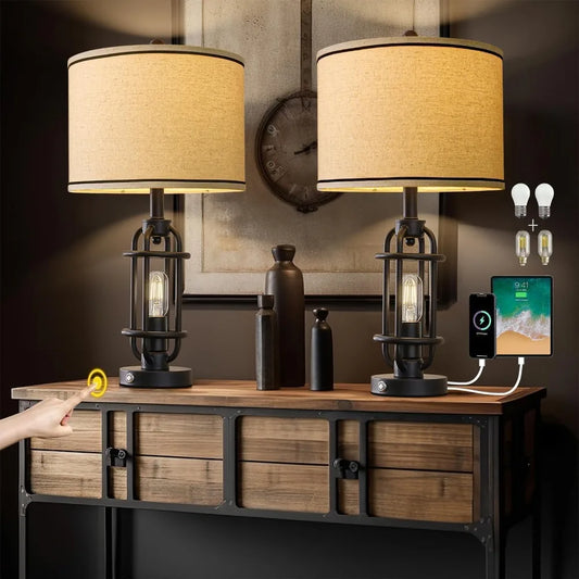 23.75'' Industrial Black Metal Table Lamps Living Room Lamp for Nightstand Bedroom lamps Set of 2 Bedside End Side Table Lamps H