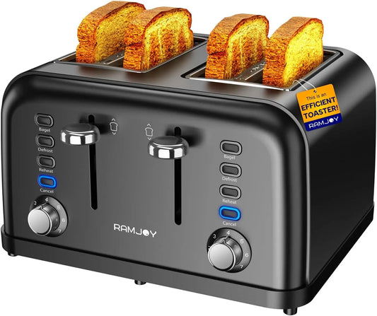 Black 4-Slice Toaster Extra Wide Slot Bagel Bread Waffles 7 Shade Settings Dual Independent Controls Kitchen Cooking Appliance