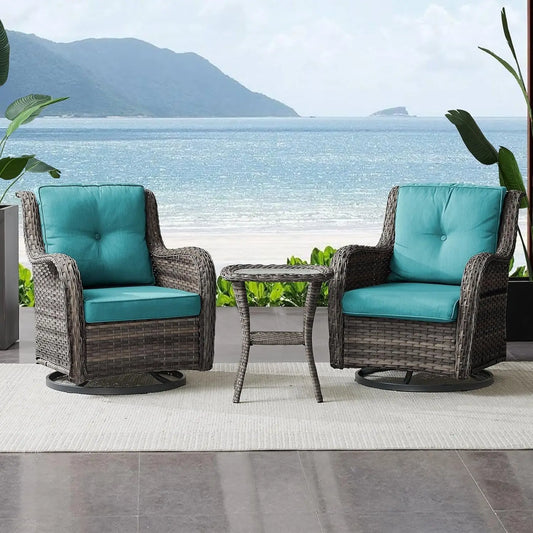 Outdoor Swivel Rocker Wicker Chairs Set of 3, High Back Swivel Patio Chairs Wicker Furniture Set, 2 PCS Rattan Swivel Rocking Ch
