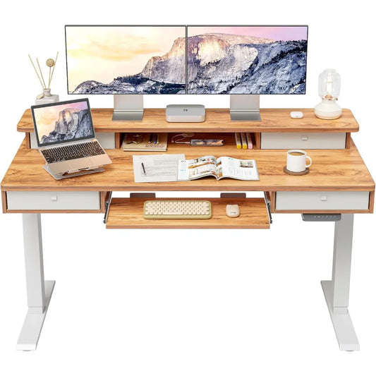 Height Adjustable Electric Standing Desk with 4 Drawers and Keyboard Tray, 55 x 24 Inch Table with Storage Shelf, Sit Stand Des