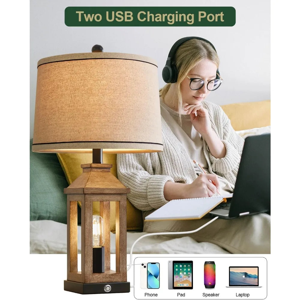 23.75" Farmhouse Dual USB Charging Ports 3-Way Dimmable Touch Control Table Lamp with Nightlight Vintage Modern Lamps for Living