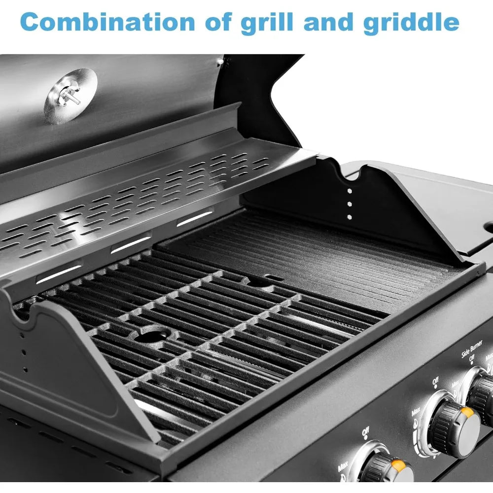 2 in 1 Propane Gas BBQ Grill with Side Burner & Porcelain-Enameled Cast Iron Grate, 4-Burner Flat Top Grill, 46,700 BTU