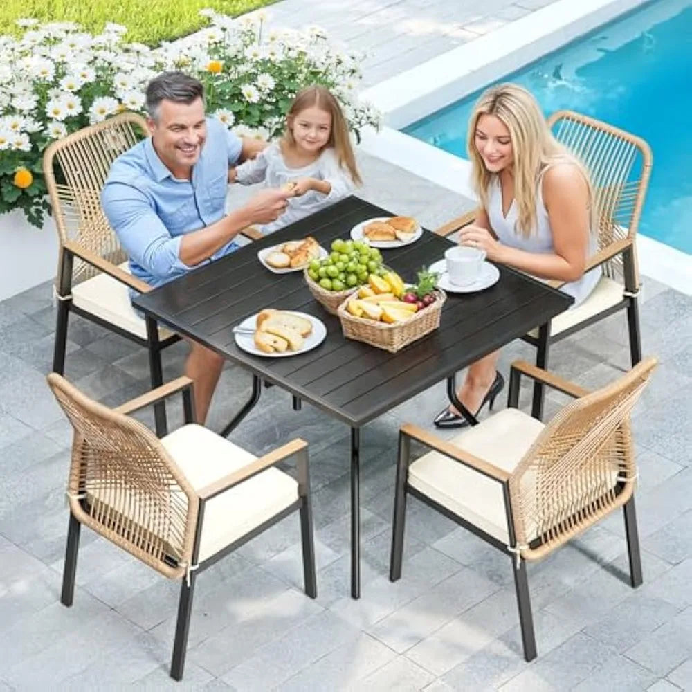 "Outdoor Patio Dining Set, 5-Piece Rattan Table & Chairs Set with Cushions, Umbrella Hole & Wicker Design – Perfect for Outdoor