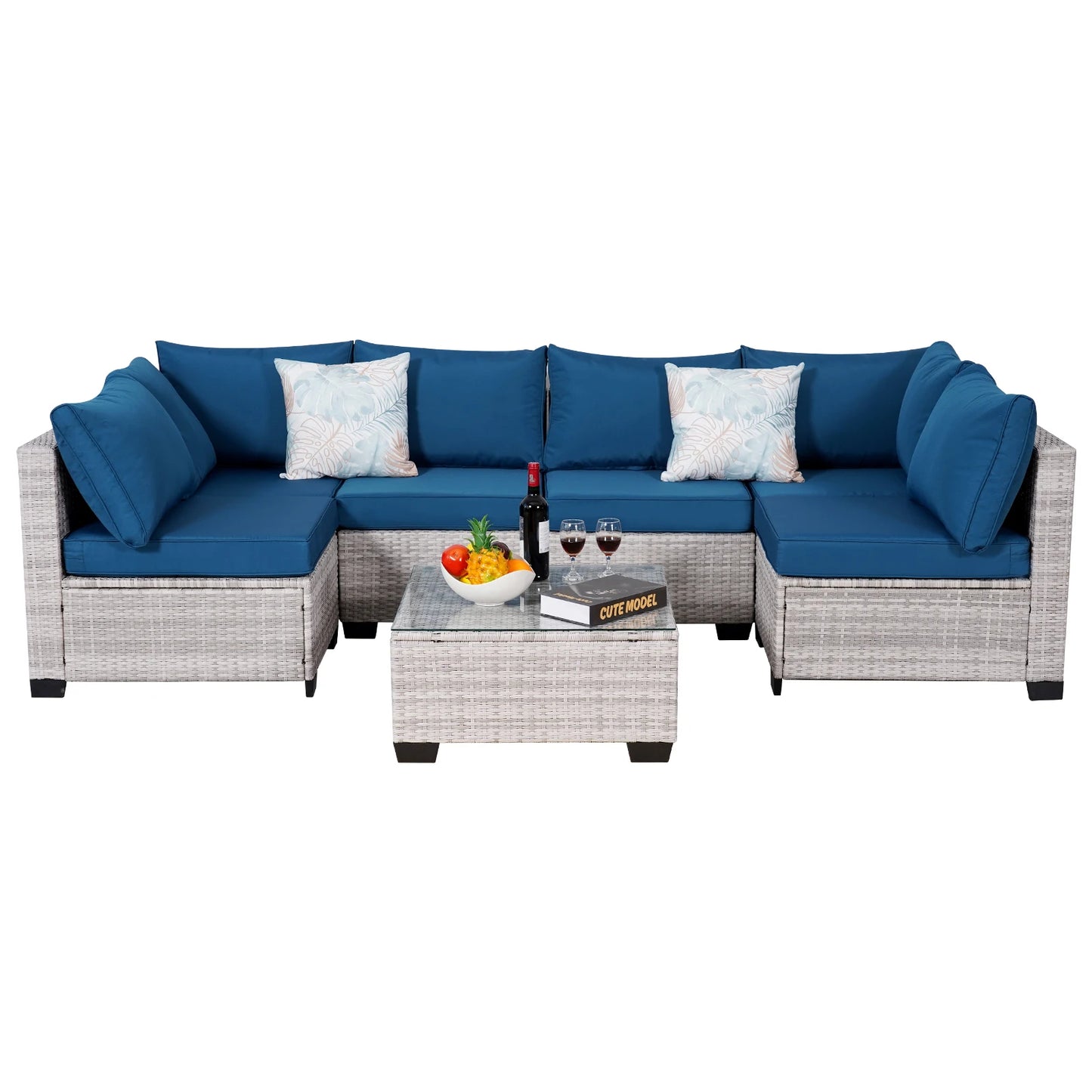 NAGA BAHNA Outdoor Patio Furniture, 7 Piece Outdoor Sectional Sofa PE Rattan Wicker Patio Conversation Sets with Thick Cushions