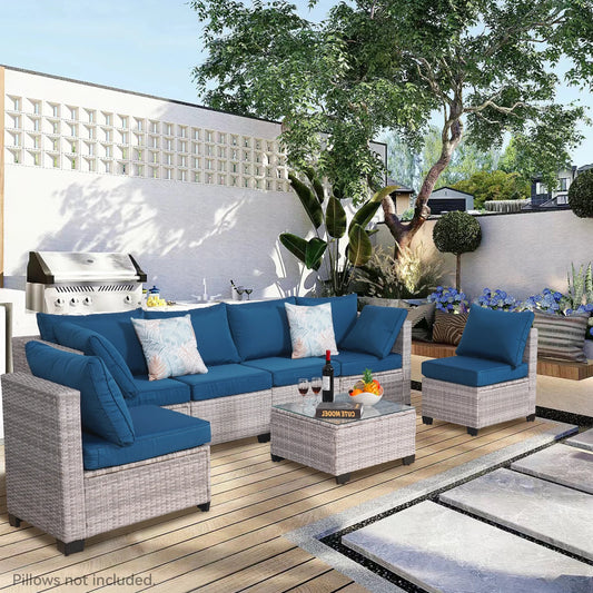 NAGA BAHNA Outdoor Patio Furniture, 7 Piece Outdoor Sectional Sofa PE Rattan Wicker Patio Conversation Sets with Thick Cushions