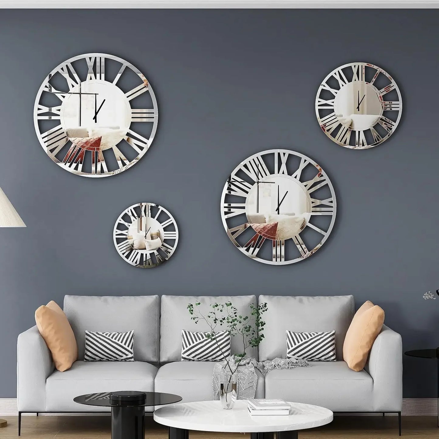 24" Large Wall Clock Decorative, Acrylic Mirrored Clock for Living Room Decor, Big Silver Modern Wall Clocks Decor