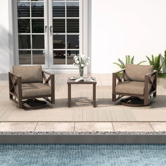3 Piece Patio Outdoor Aluminum Swivel Rocking Chair with Coffee Table and 6" Thickened Cushions, All Weather Outdoor Furniture