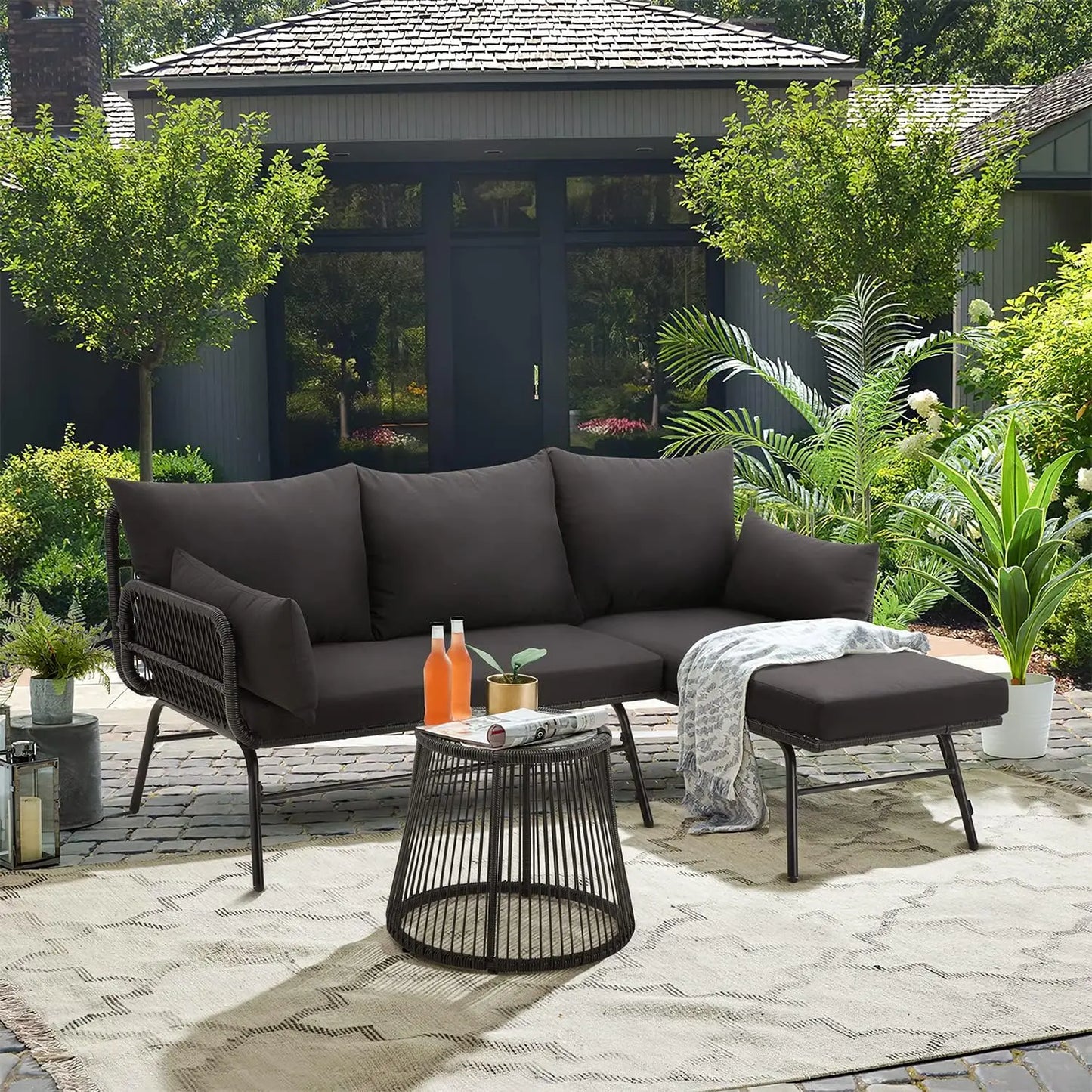 3 Piece Patio Conversation Sets, L-Shaped Sectional Patio Furniture Sofa Set with Thick Cushions and Toughened Glass Coffee Tabl