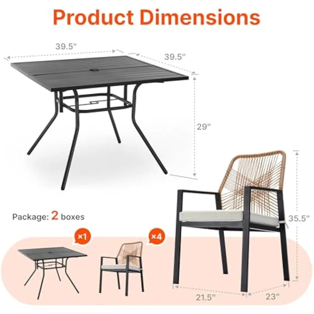 "Outdoor Patio Dining Set, 5-Piece Rattan Table & Chairs Set with Cushions, Umbrella Hole & Wicker Design – Perfect for Outdoor