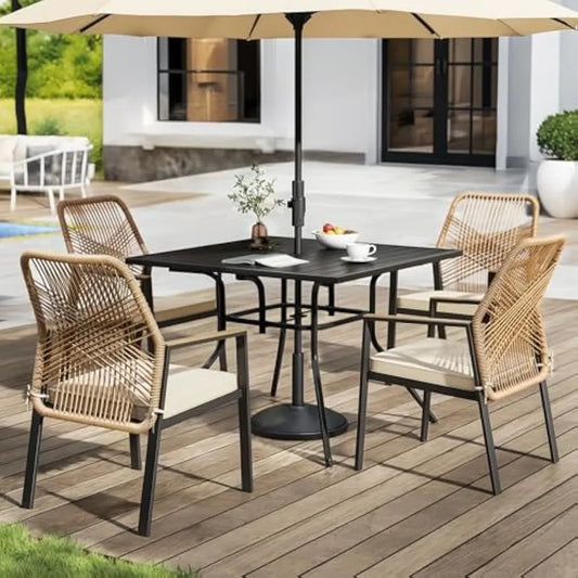 "Outdoor Patio Dining Set, 5-Piece Rattan Table & Chairs Set with Cushions, Umbrella Hole & Wicker Design – Perfect for Outdoor