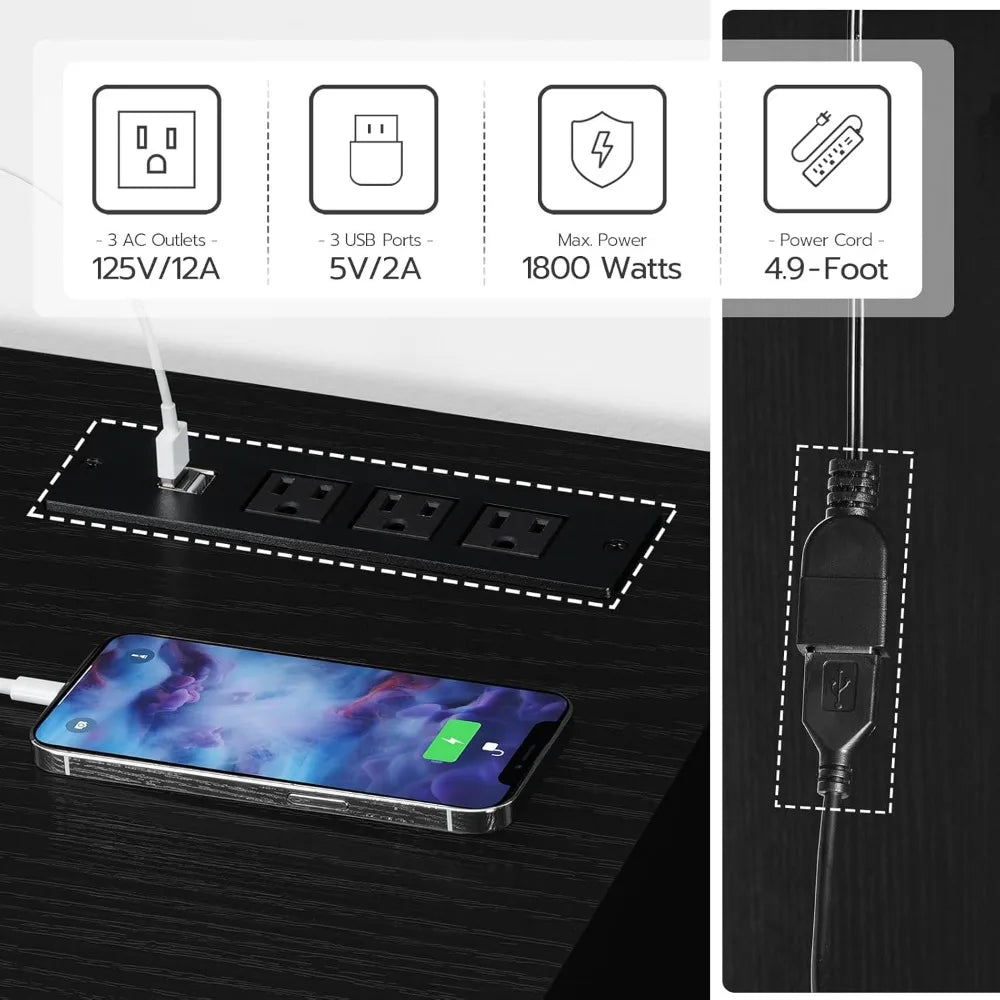 Electric Fireplace TV Stand with Charging Station and LED Lights, Black TV Stand with Fireplace for 32" 43" 50" 55" 65", Entert