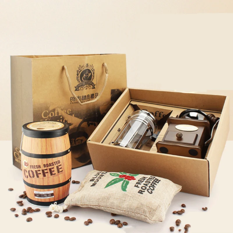 Retro Bean Grinding Machine French Press Set Hand-cranked Coffee Grinder Household Coffee Pot Gift Box