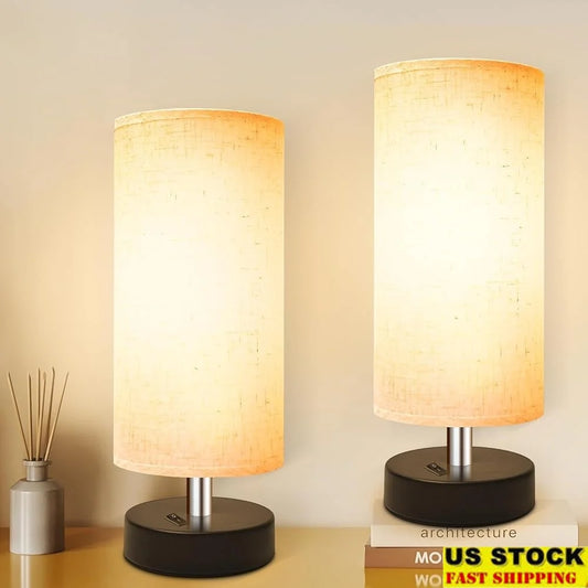 Set of 2 Minimalist Bedside Lamps with Flaxen Fabric Shade Instant On Off Switch Bedroom Living Room Desk Reading
