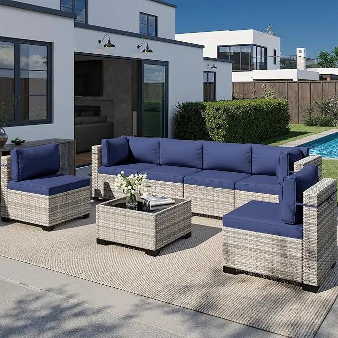 8-Piece Outdoor Patio Furniture Set with 55,000 BTU Fire Pit Table, PE Wicker Rattan Sectional Sofa Conversation Set