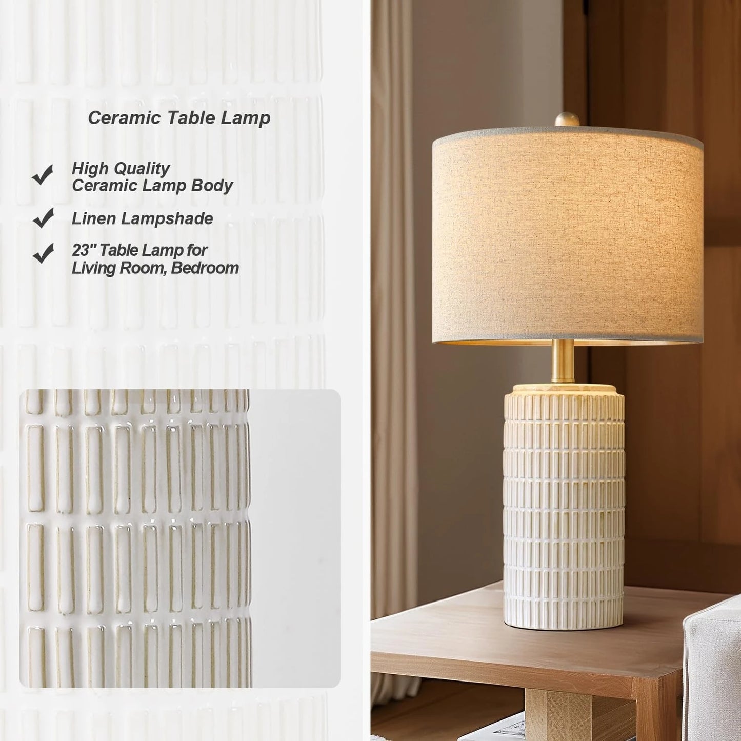 23" Modern Ceramic Table Lamp Set of 2 for Living Room White Desk Lamps for Bedroom Farmhouse Bedside Nightstand Bedside Lamp
